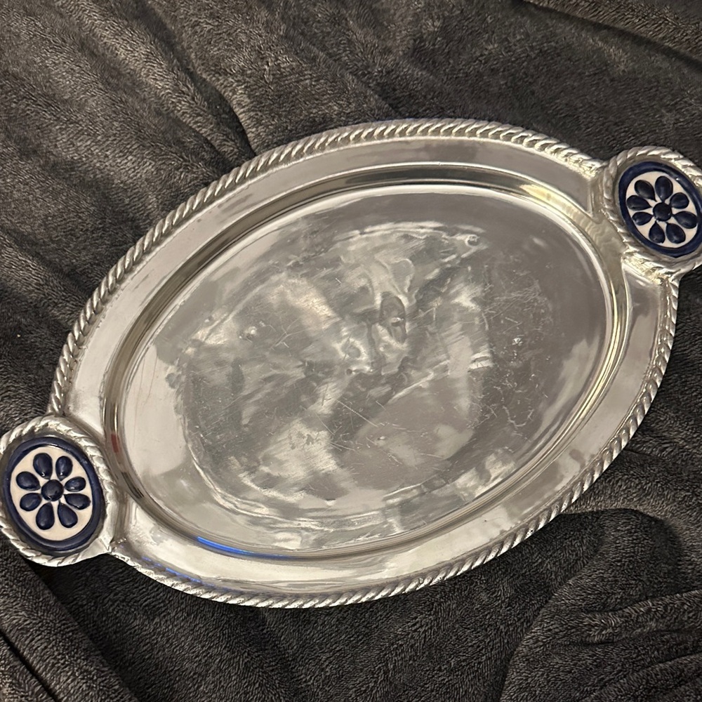 Vintage Silver Oval Serving Tray with Blue Accents